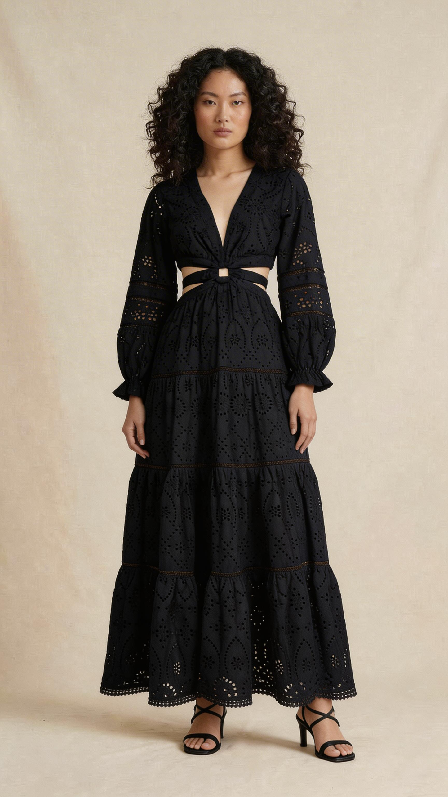Black Schiffli Cut-Out Maxi Dress