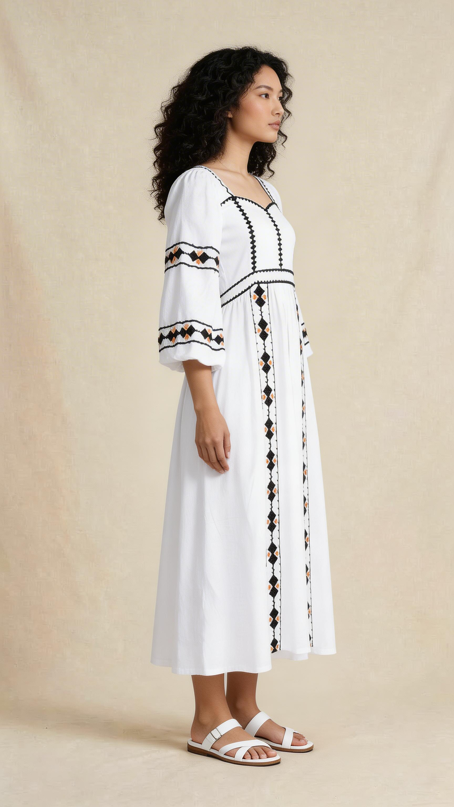 White Geometric Embroidered Midi Dress