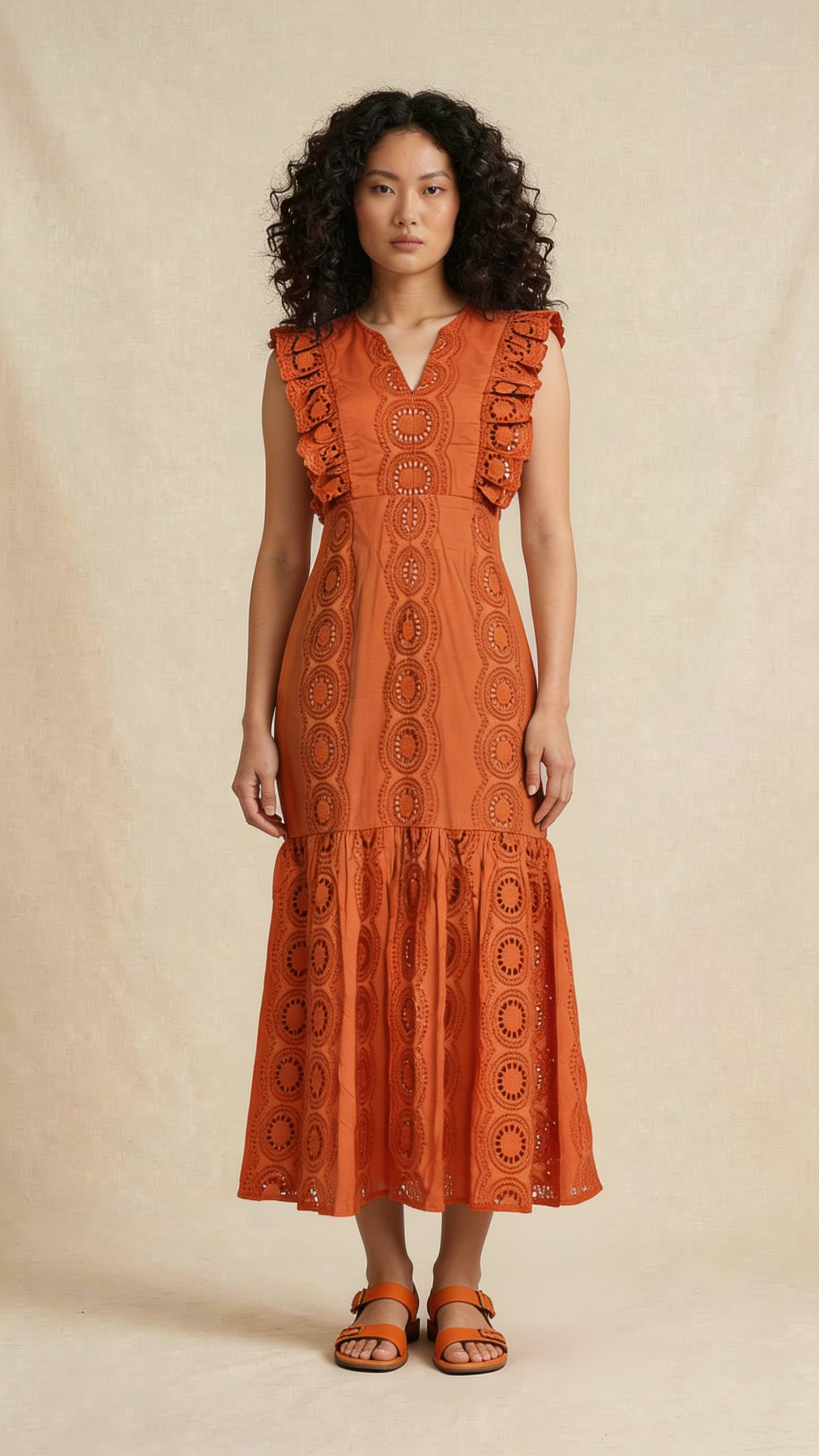 Rust Orange Schiffli Ruffle Midi Dress
