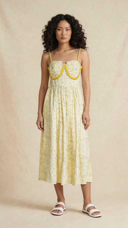 Butter Yellow Floral Embellished Tiered Maxi Dress