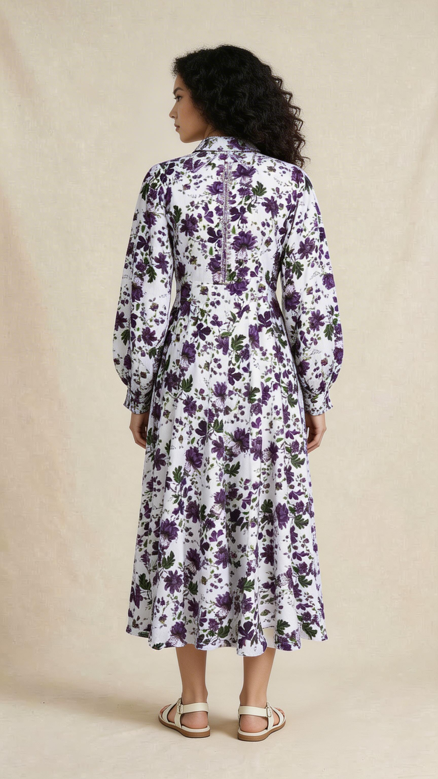 White and Purple Floral Midi Dress
