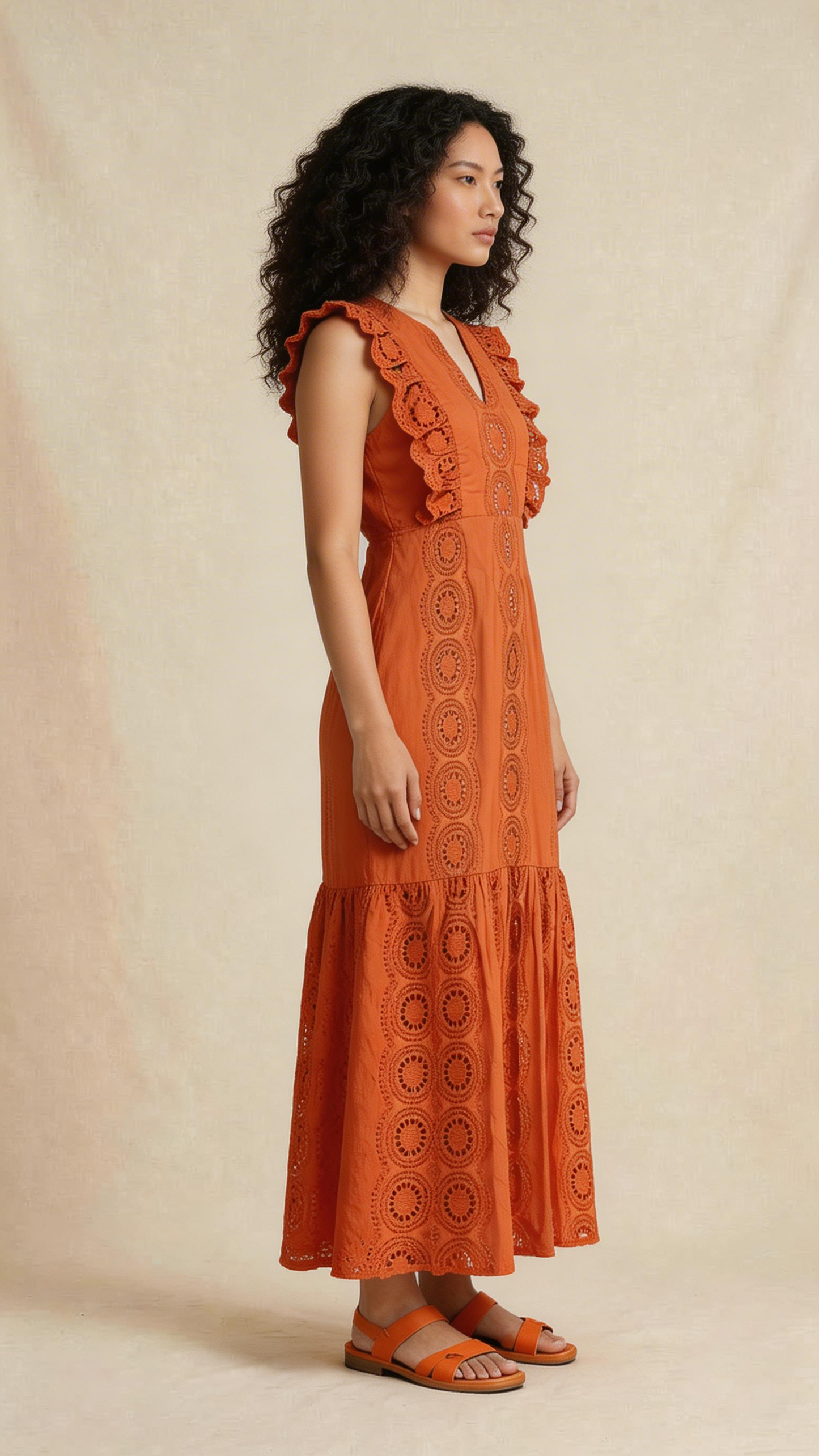 Rust Orange Schiffli Ruffle Midi Dress