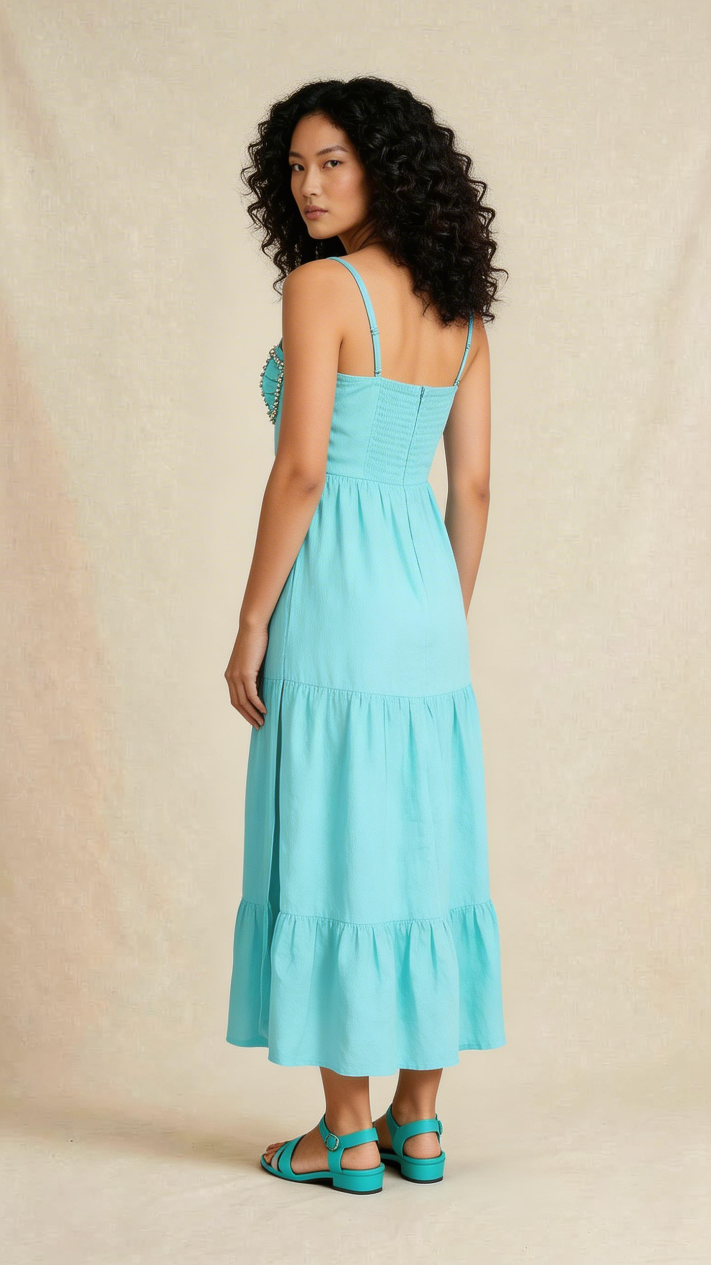 Aqua Beaded Tiered Maxi Dress