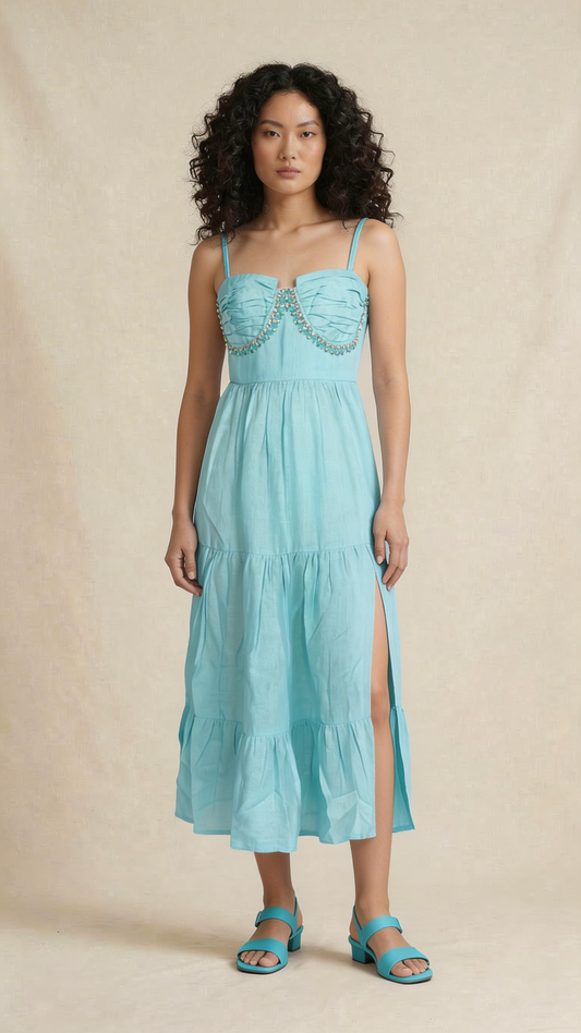 Aqua Beaded Tiered Maxi Dress