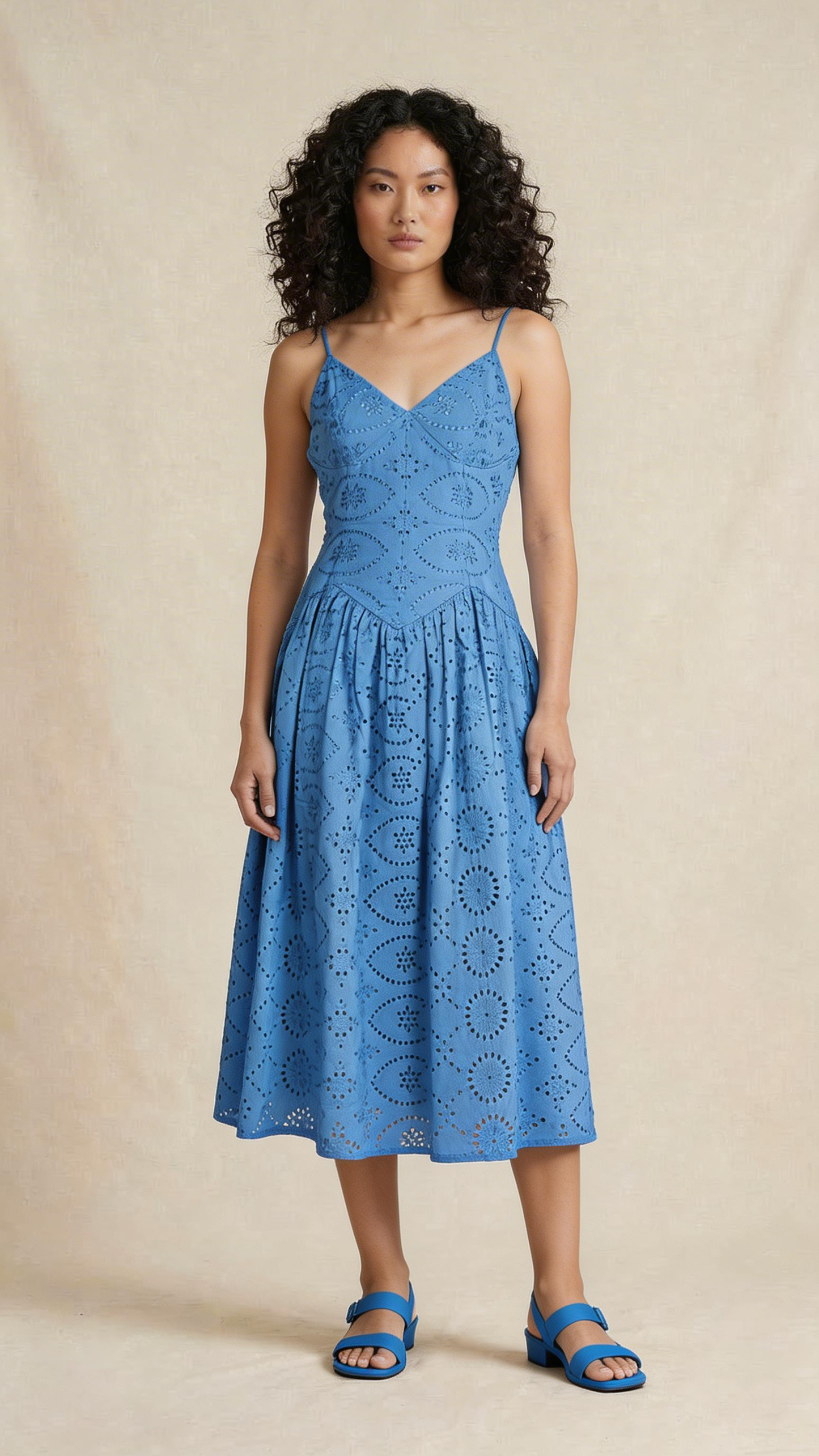 Blue Schiffli Sleeveless Midi Dress