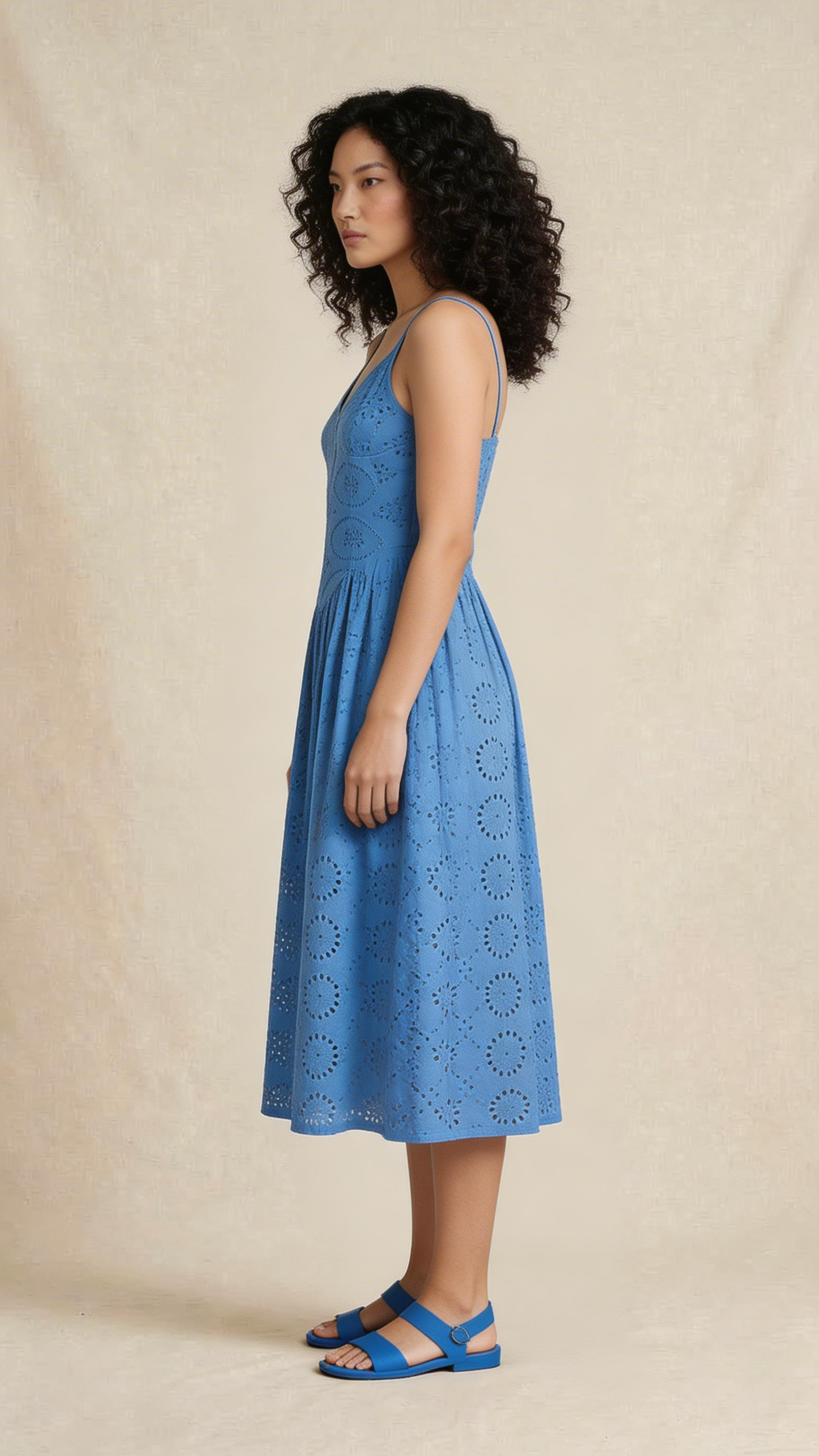 Blue Schiffli Sleeveless Midi Dress