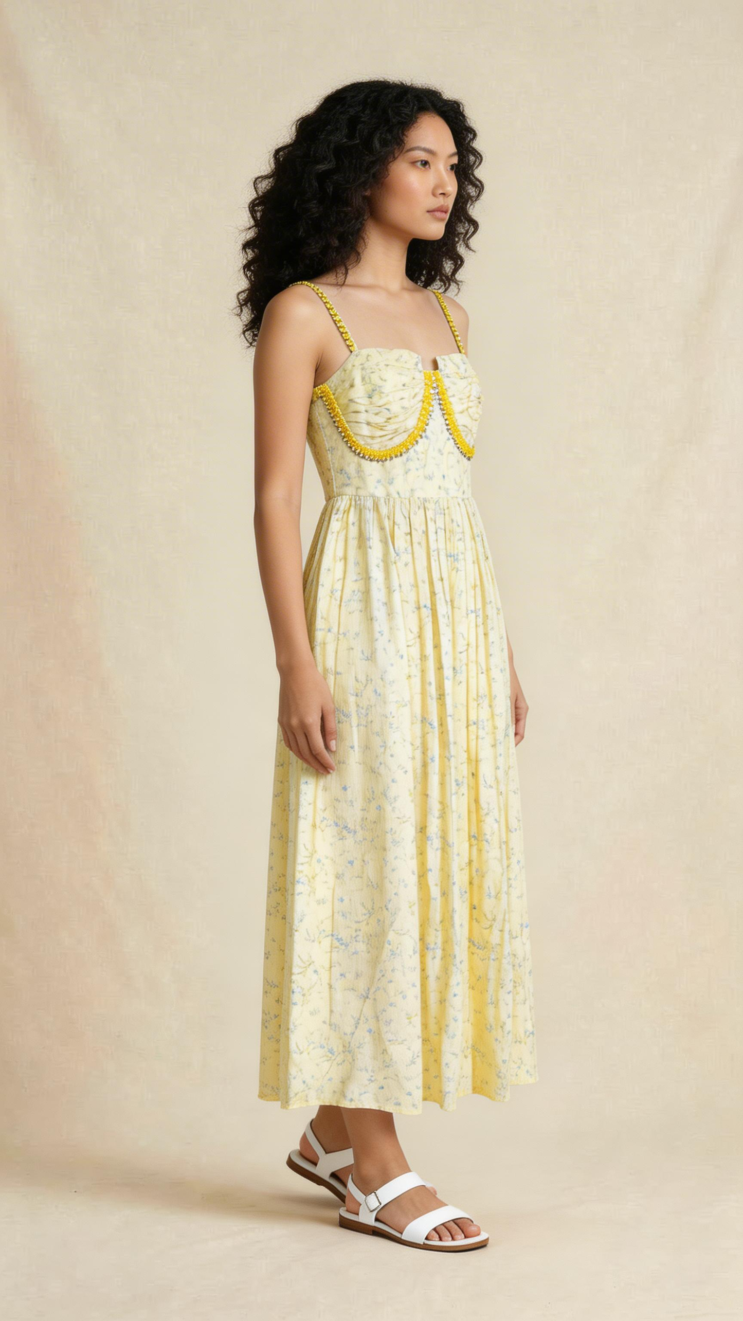 Butter Yellow Floral Embellished Tiered Maxi Dress