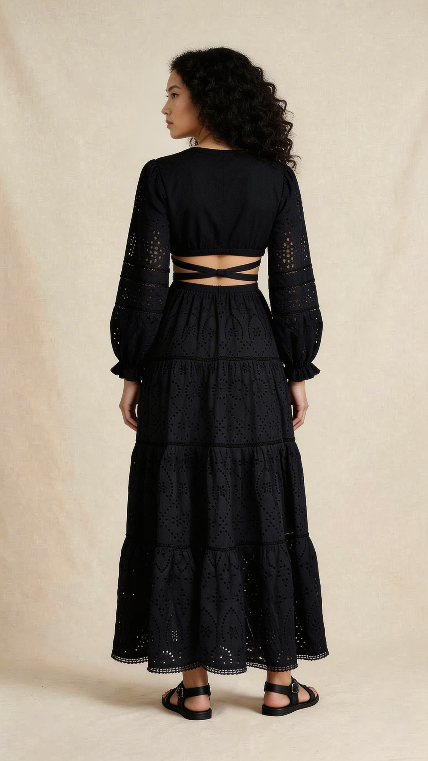 Black Schiffli Cut-Out Maxi Dress