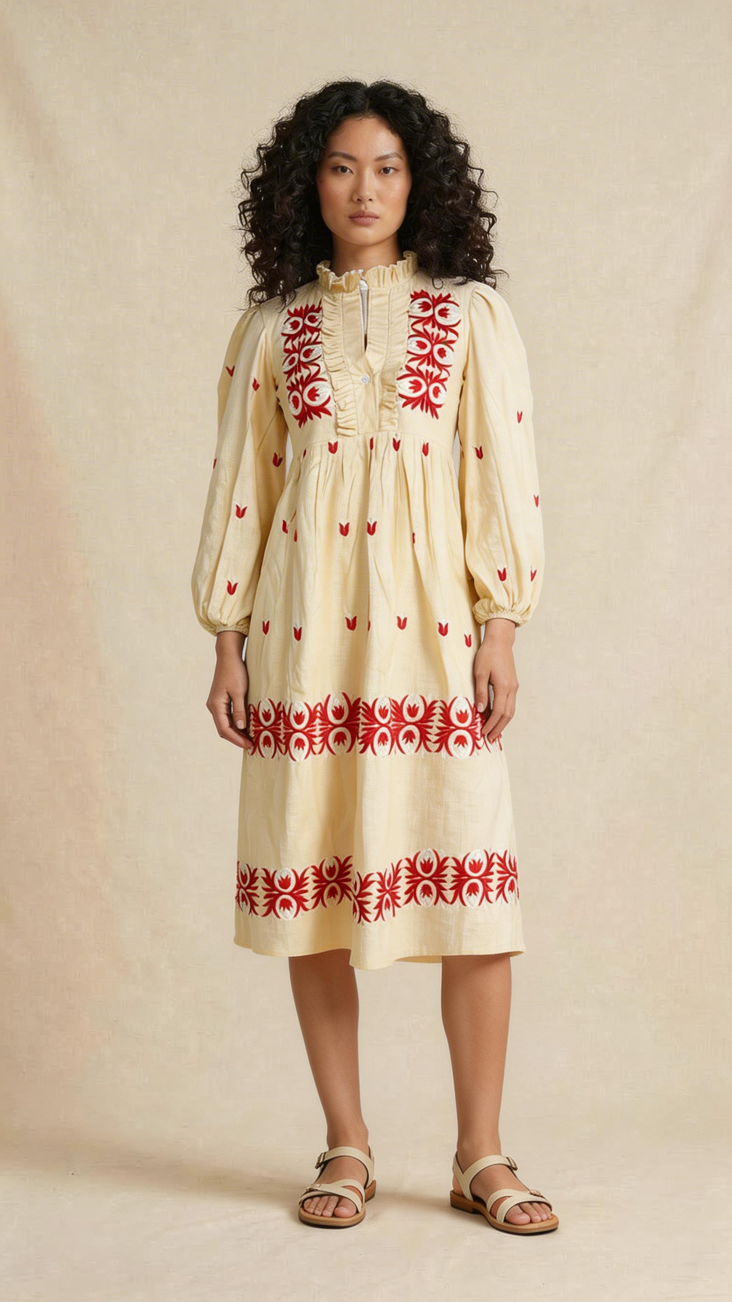 Cream Midi Dress with Red Folk-Inspired Embroidery