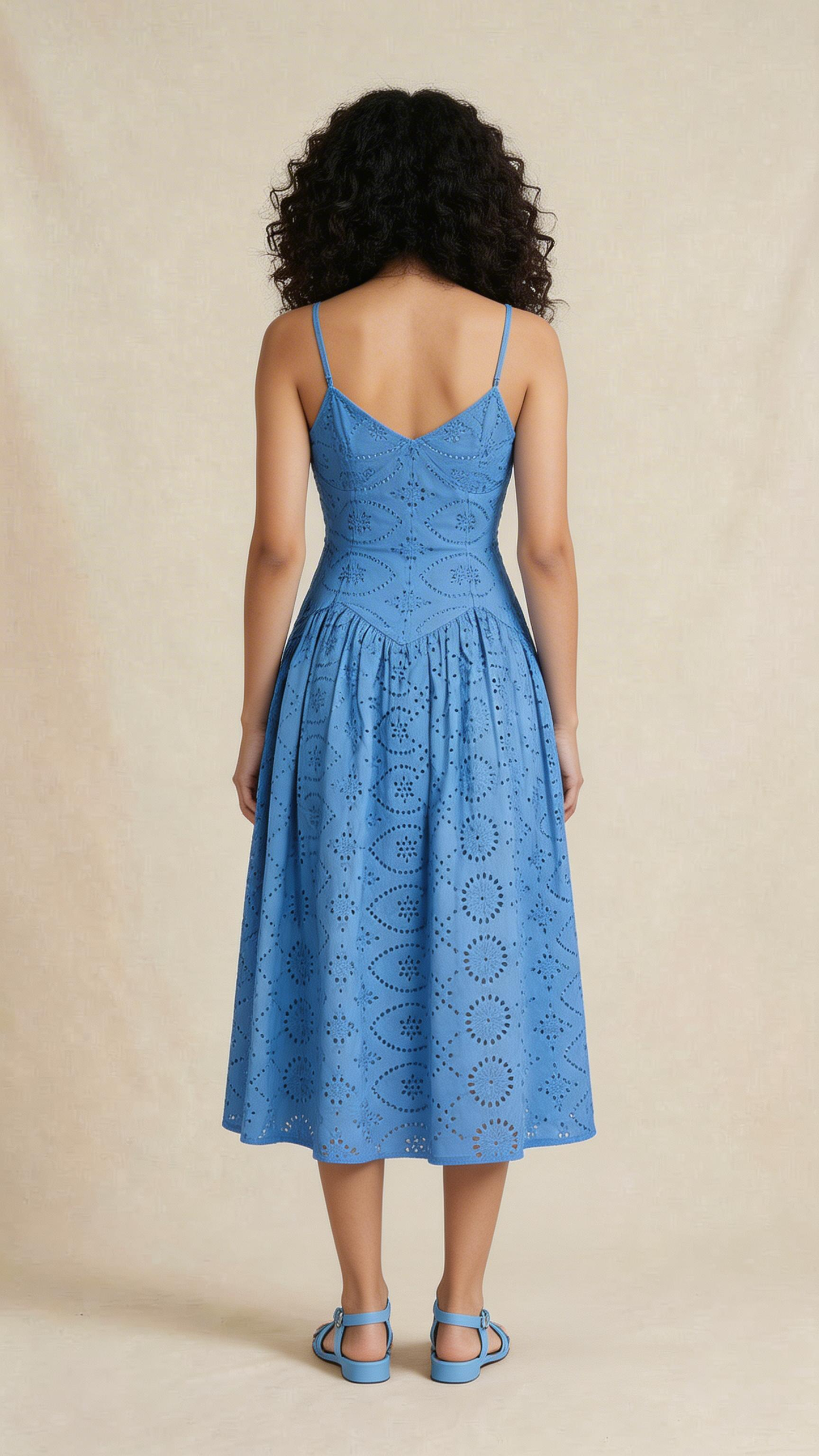 Blue Schiffli Sleeveless Midi Dress