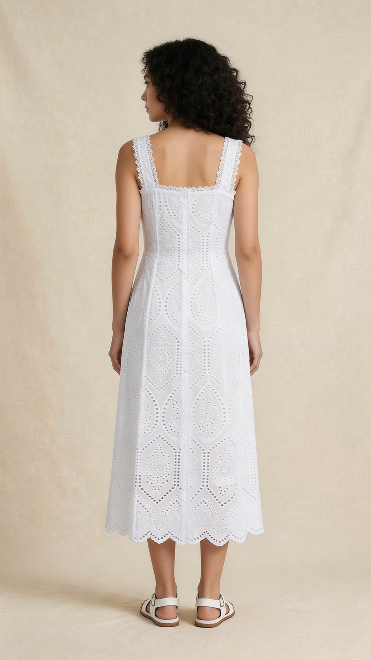 White Schiffli Button-Front Midi Dress