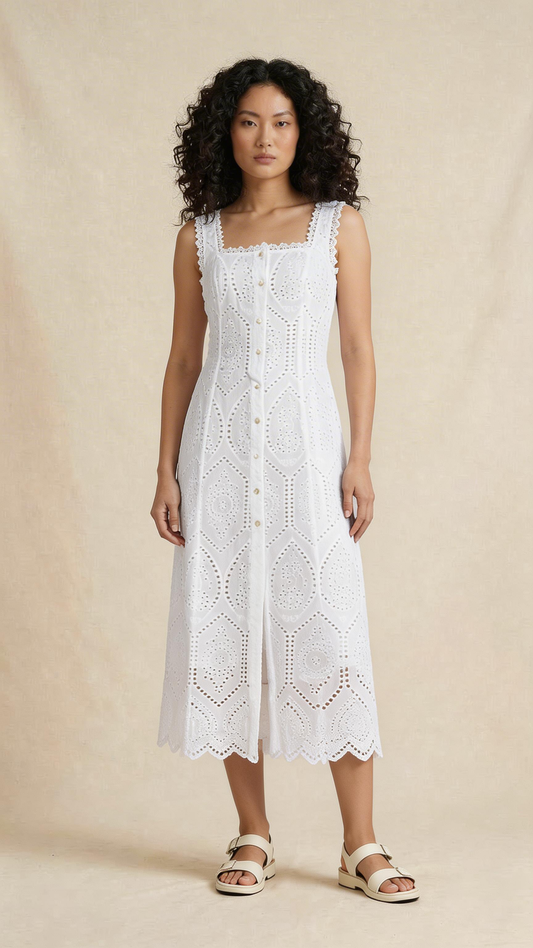 White Schiffli Button-Front Midi Dress