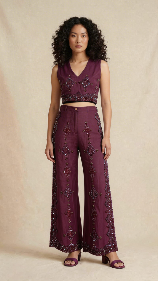 Maroon Embellished Crop and Pants Set