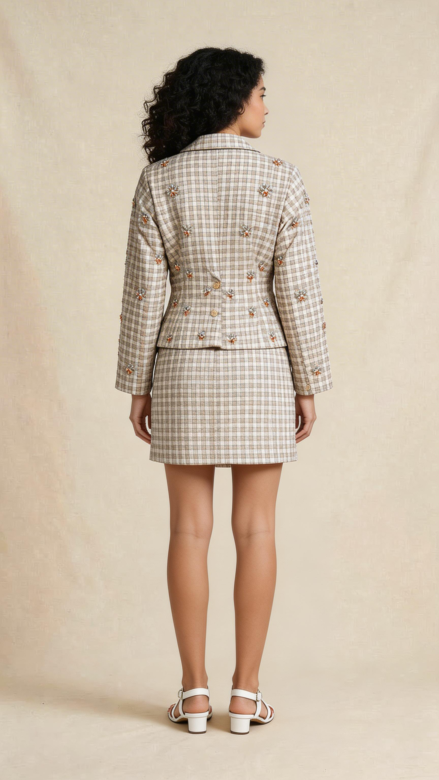 Checked Embellished Blazer Skirt Set