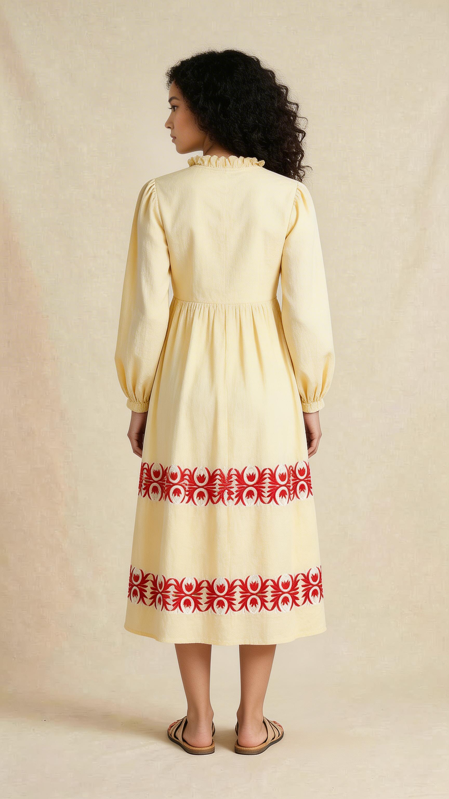 Cream Midi Dress with Red Folk-Inspired Embroidery