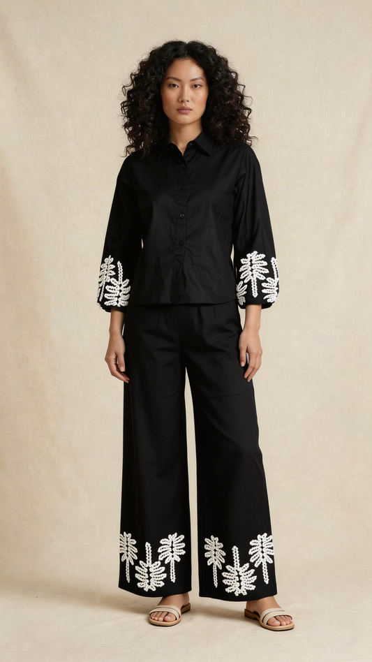 Black Embroidered Linen Co-Ord Set