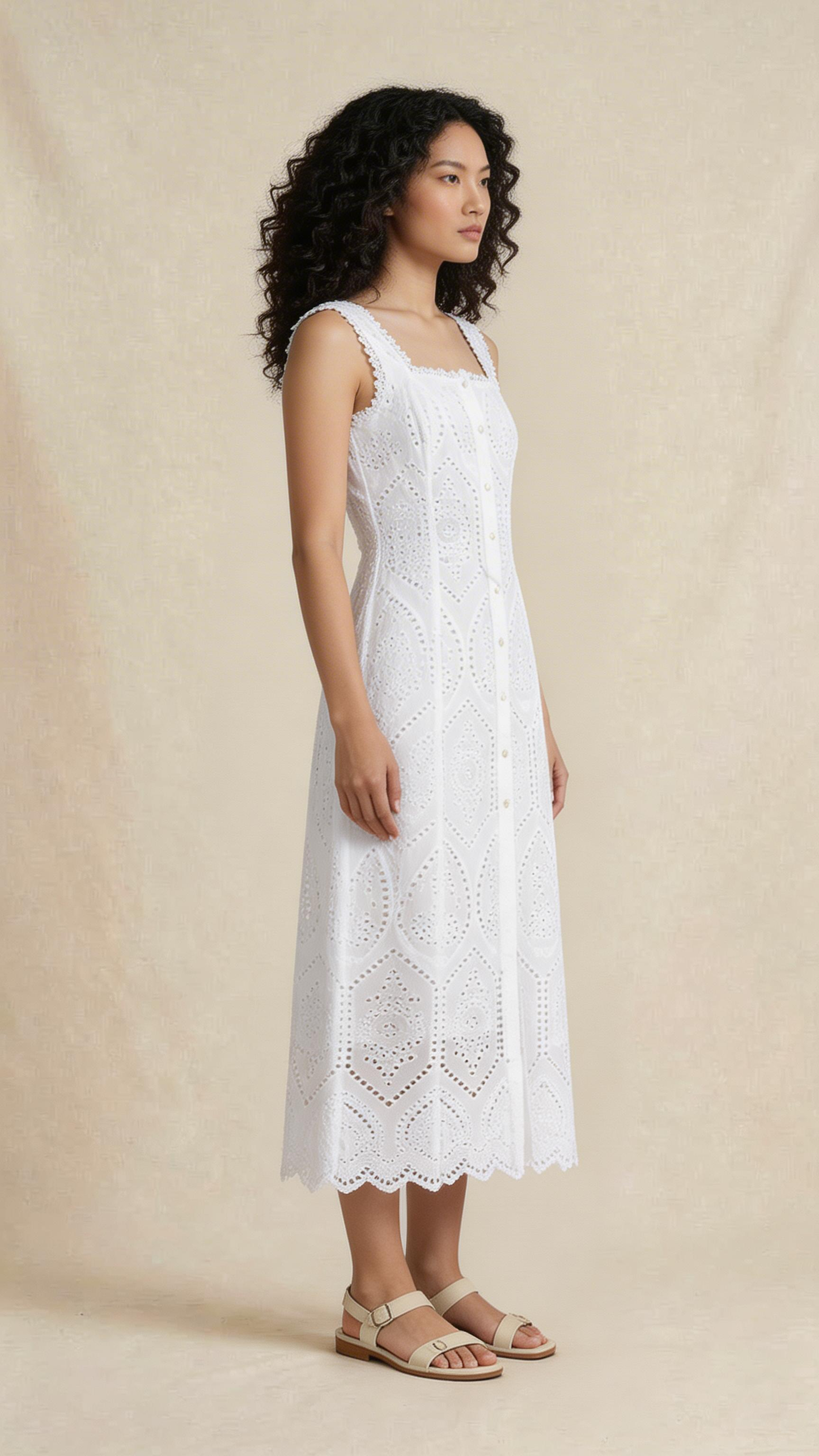 White Schiffli Button-Front Midi Dress