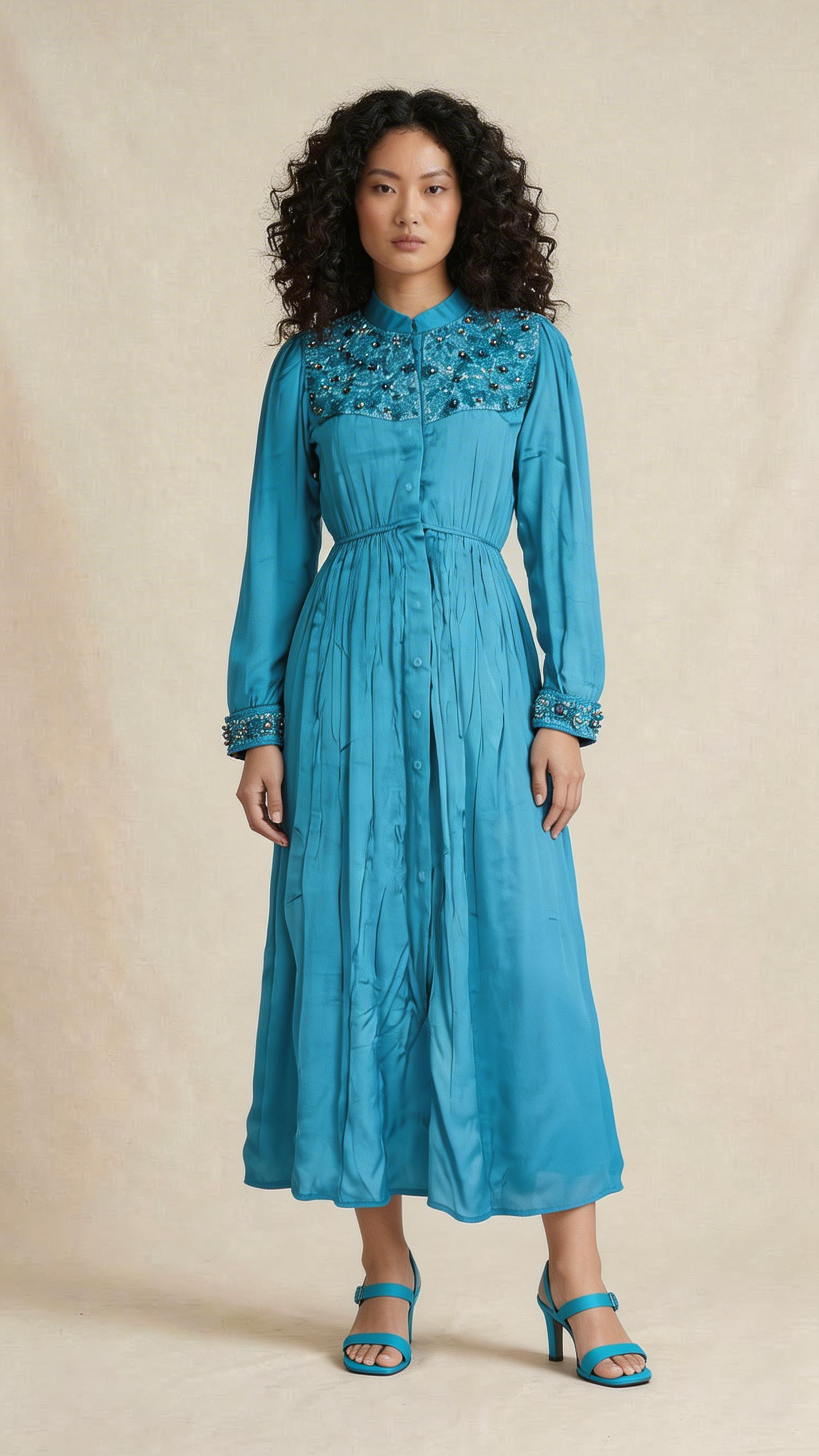 Teal Embellished Long Sleeve Midi Dress