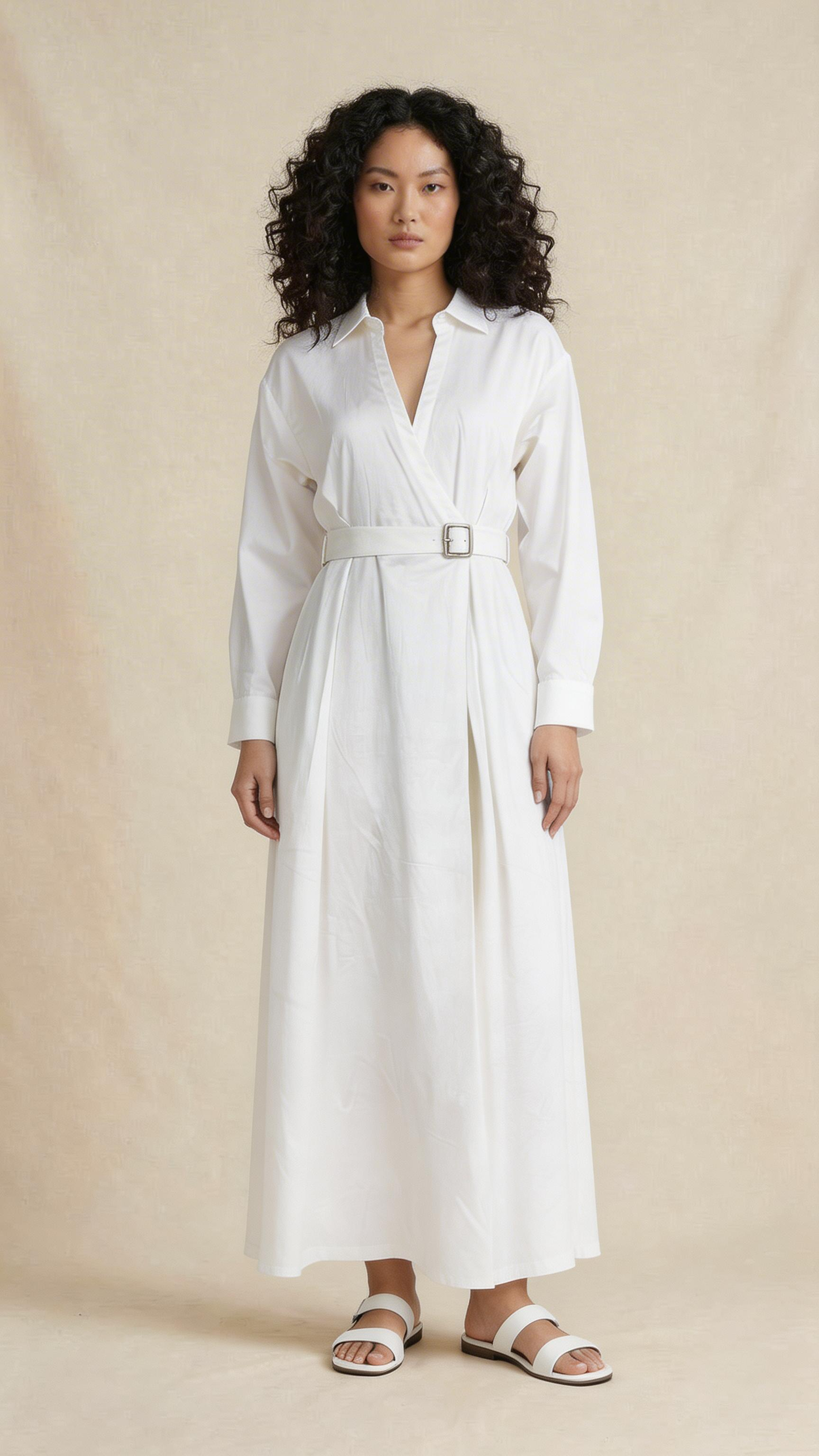 White Belted Shirt Midi Dress