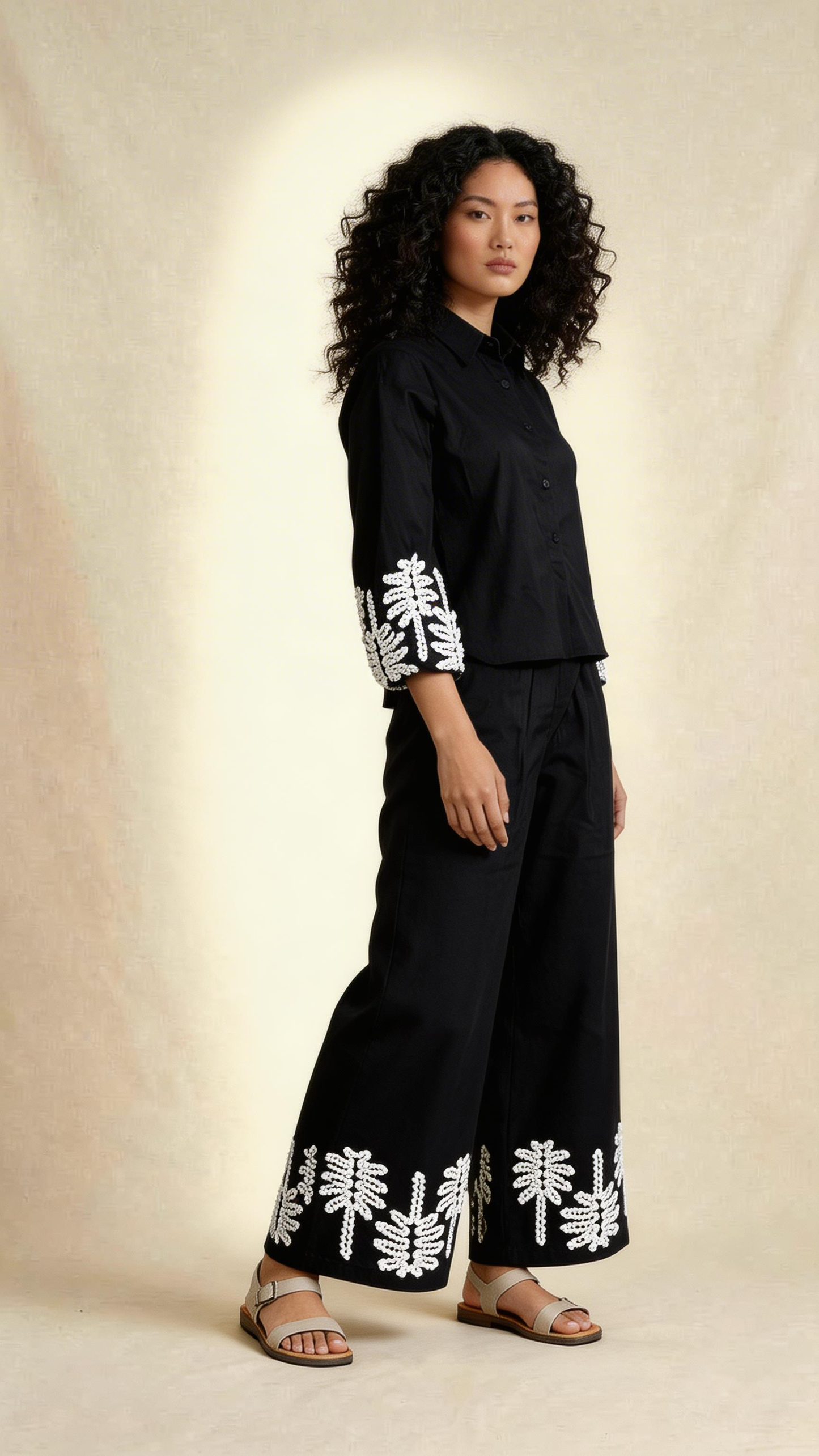 Black Embroidered Linen Co-Ord Set