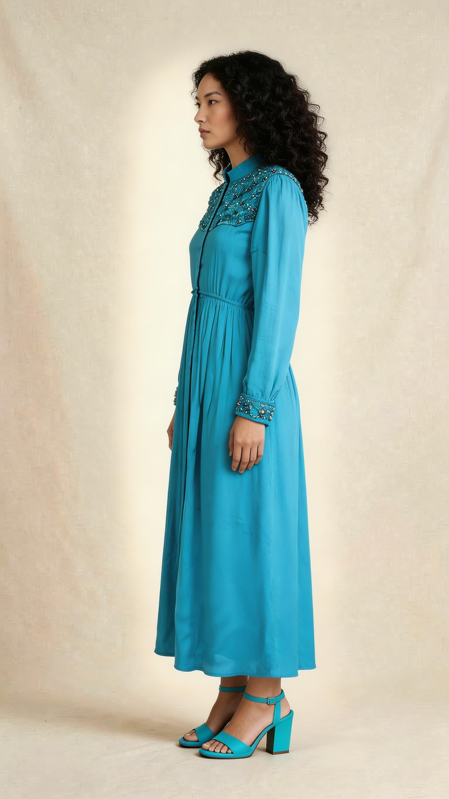 Teal Embellished Long Sleeve Midi Dress