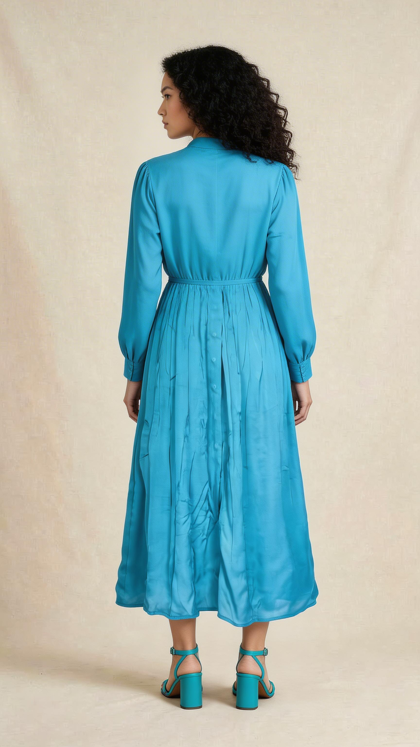 Teal Embellished Long Sleeve Midi Dress