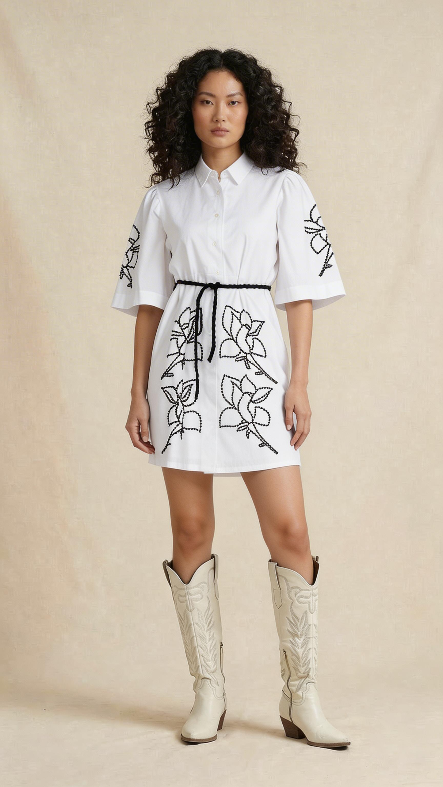 Elegant White Embroidered Shirt Dress with Floral Accents