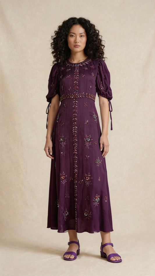 Plum Embroidered Midi Dress