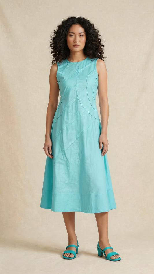 Aqua Sleeveless Panel Midi Dress