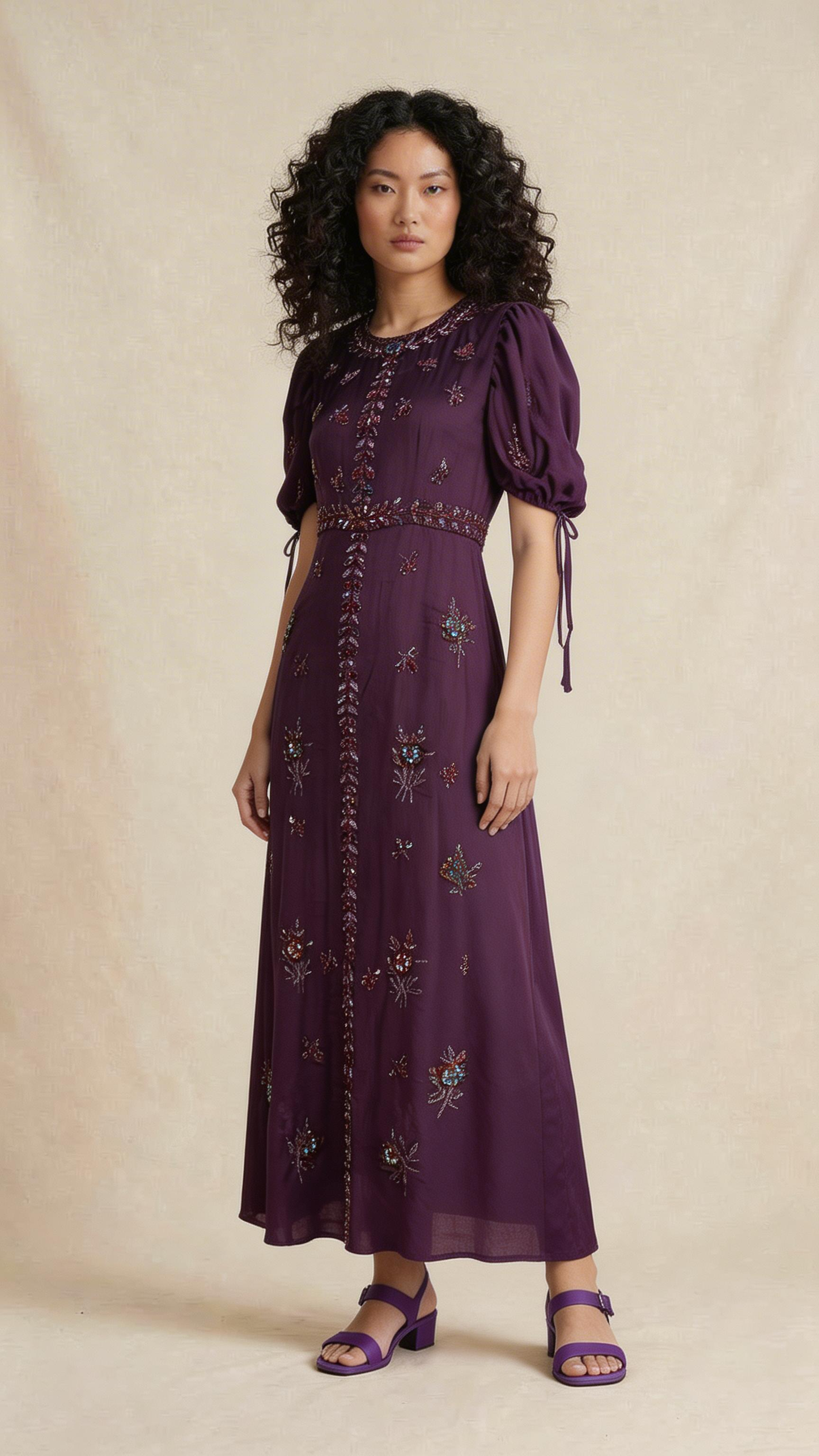 Plum Embroidered Midi Dress
