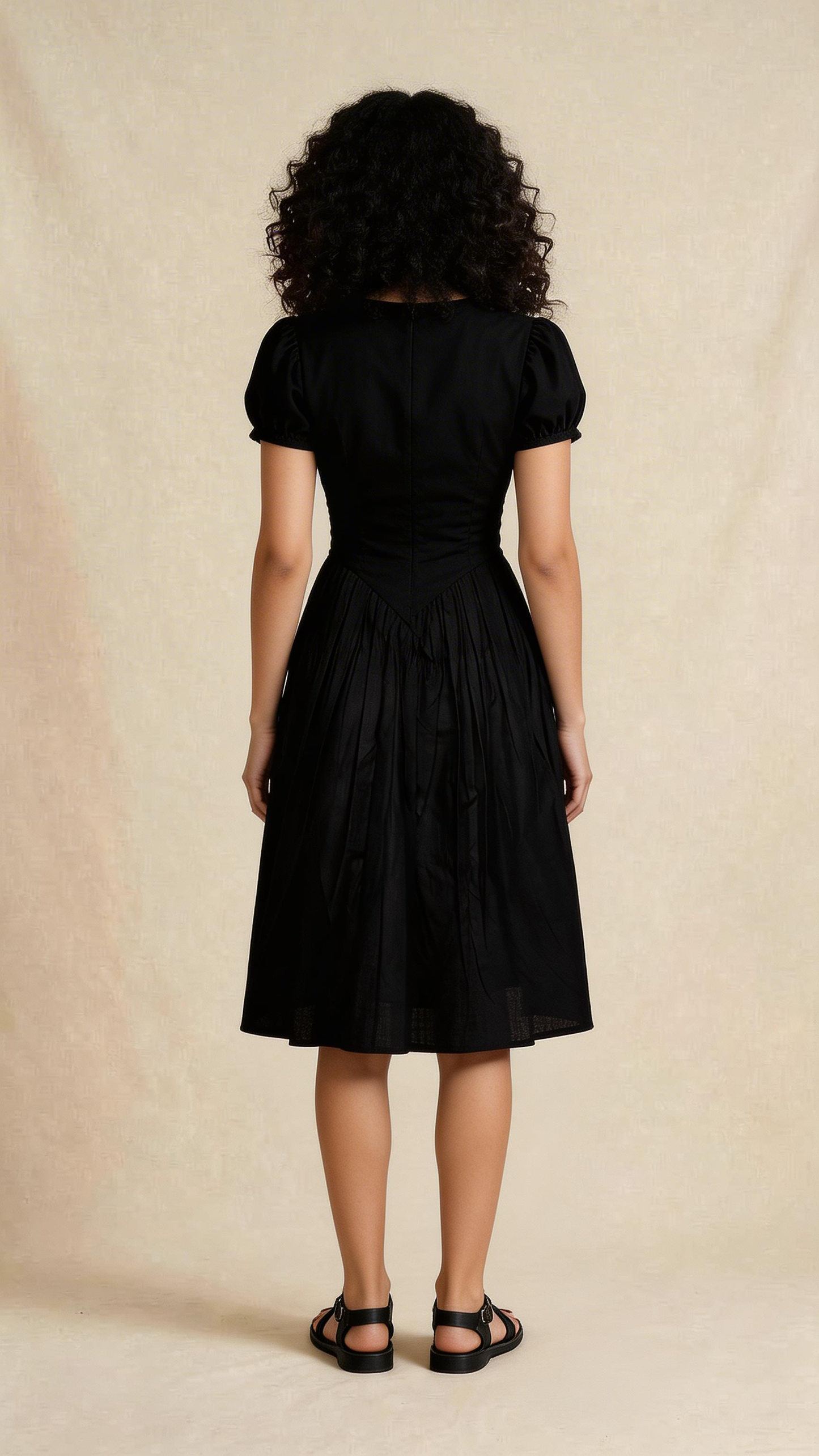 Black Gathered Waist Midi Dress