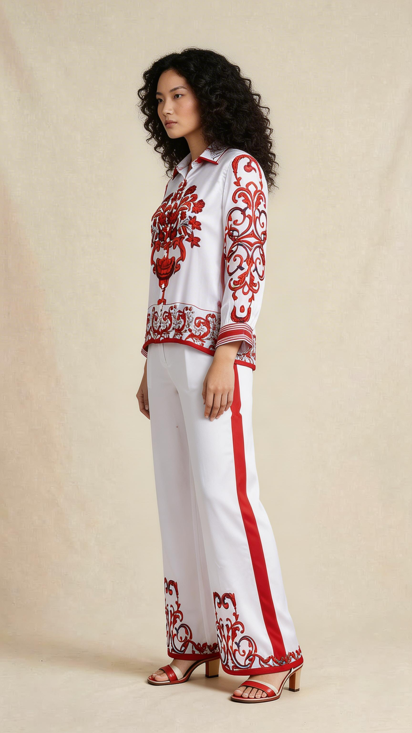 White & Red Ornamental Shirt Trouser Set