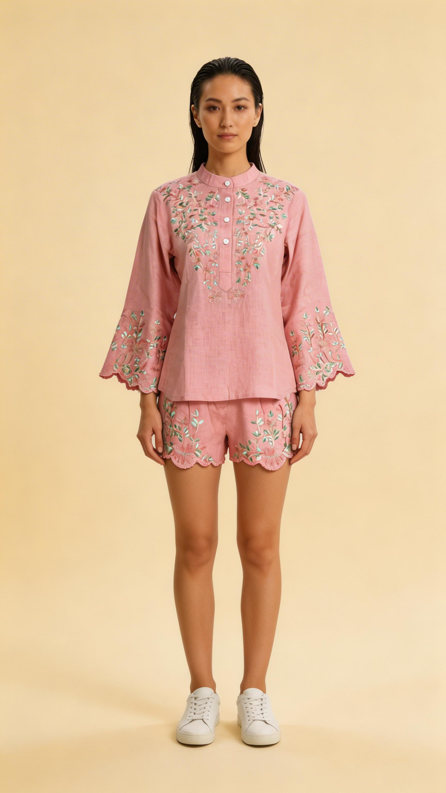 Blush Pink Floral Embroidered Linen Co-Ord Set