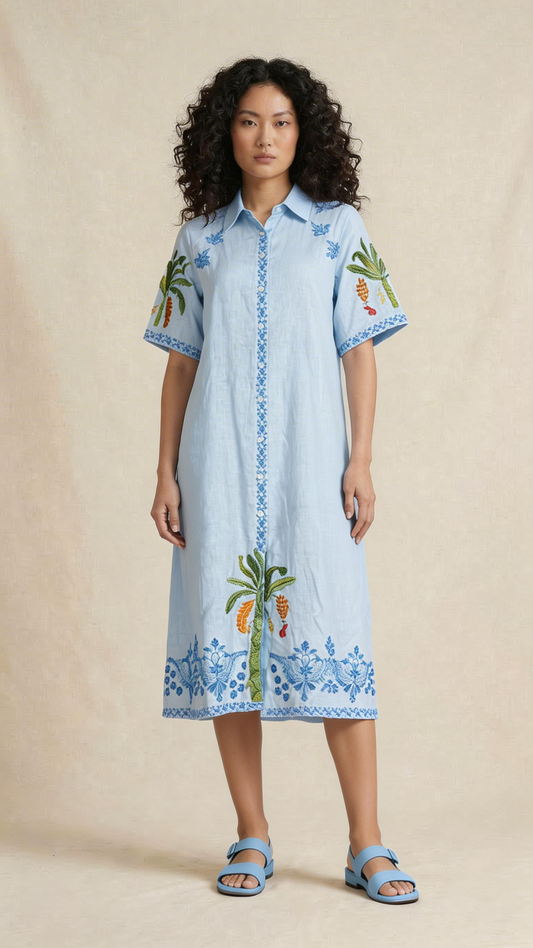 Sky Blue Botanical Embroidered Shirt Dress