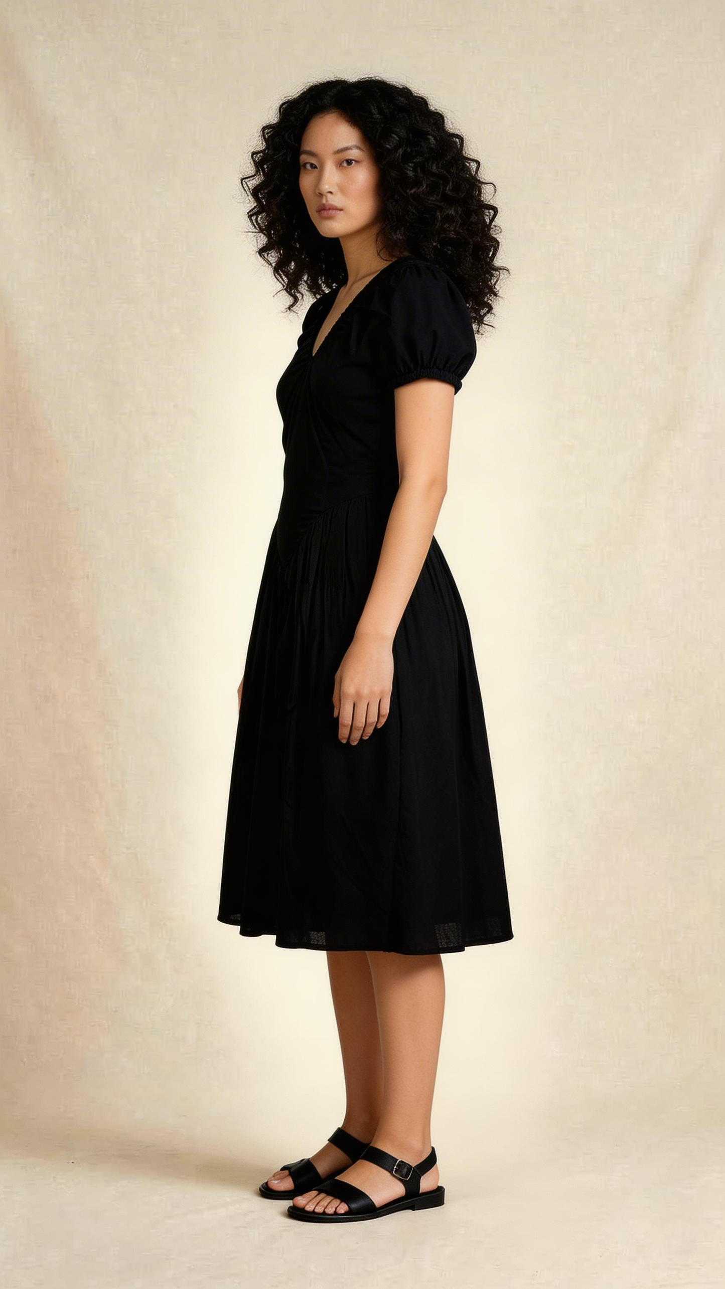 Black Gathered Waist Midi Dress