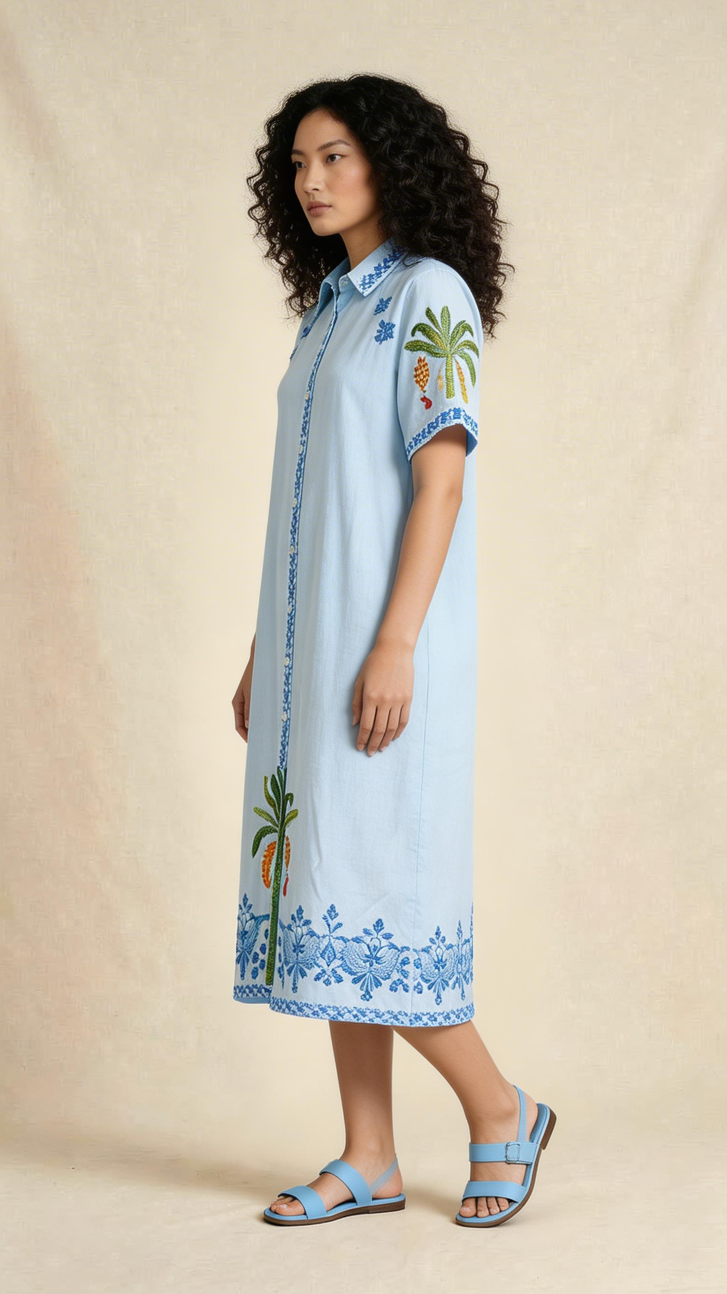 Sky Blue Botanical Embroidered Shirt Dress
