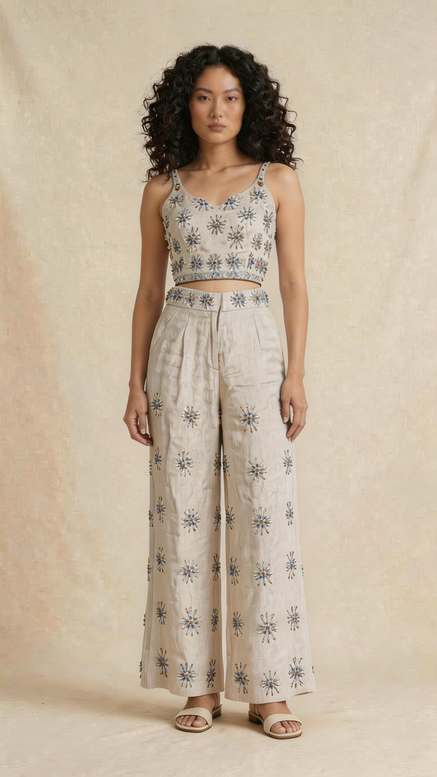 Neutral Embellished Crop Top Co-ord Set