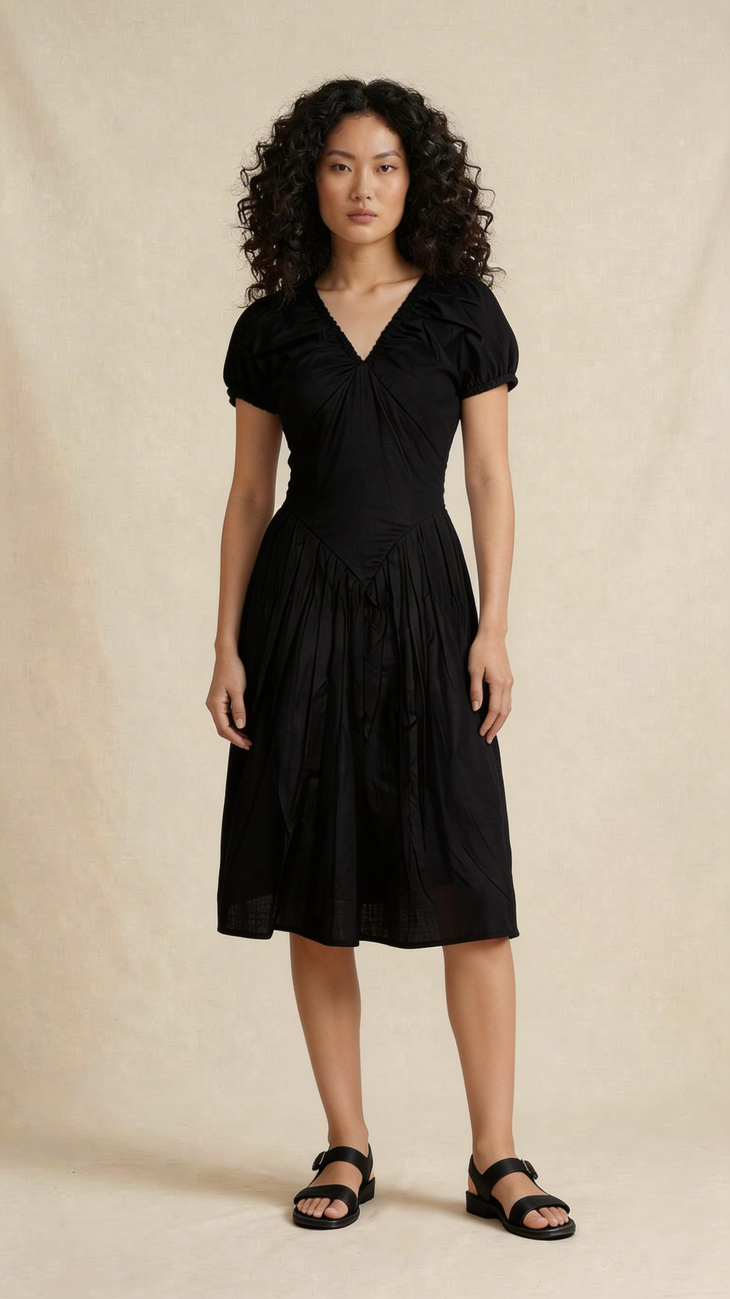 Black Gathered Waist Midi Dress