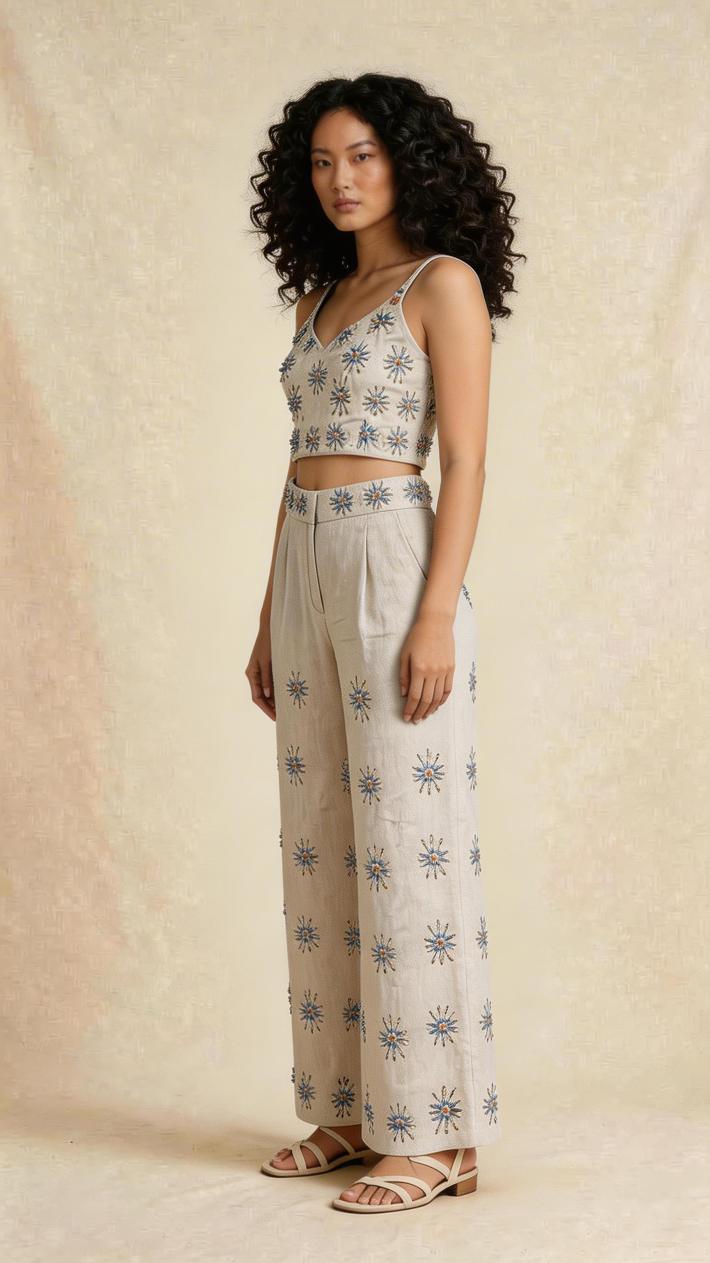 Neutral Embellished Crop Top Co-ord Set