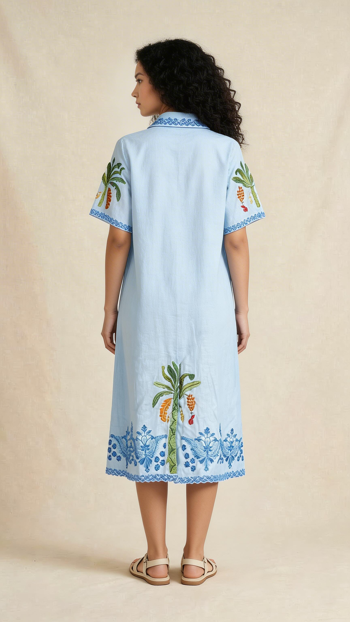 Sky Blue Botanical Embroidered Shirt Dress