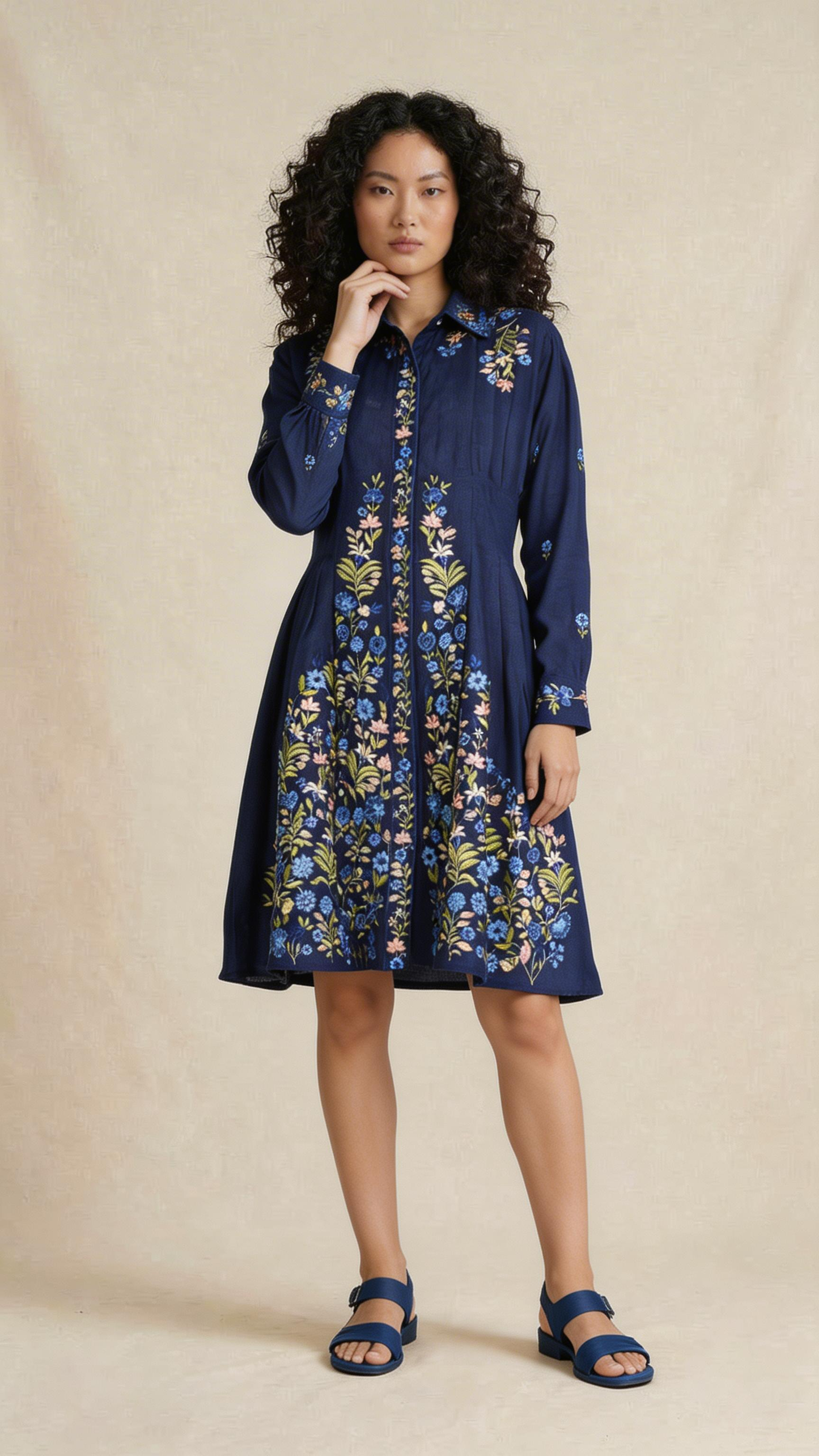 Navy Botanical Embroidered Shirt Dress