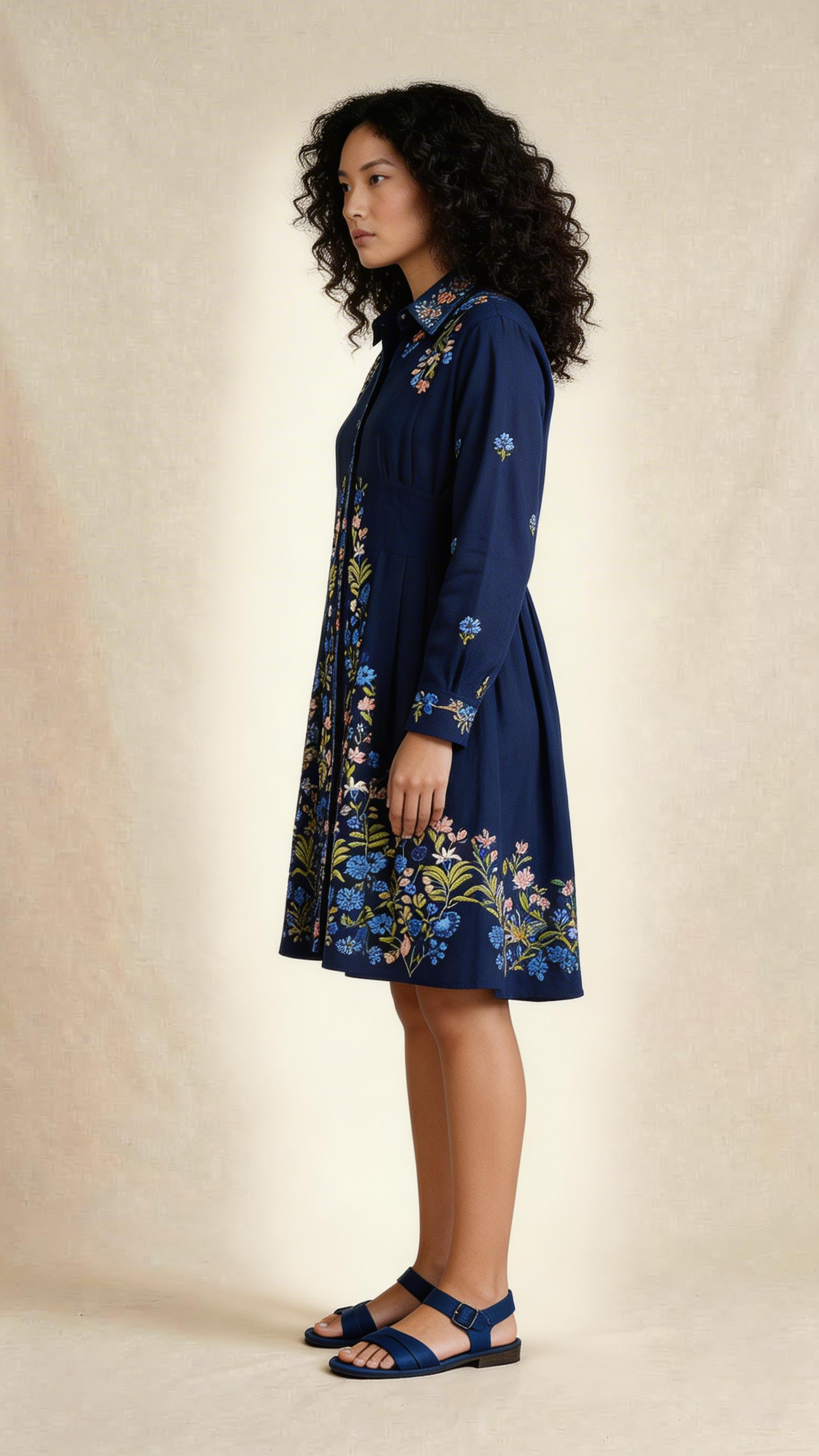 Navy Botanical Embroidered Shirt Dress