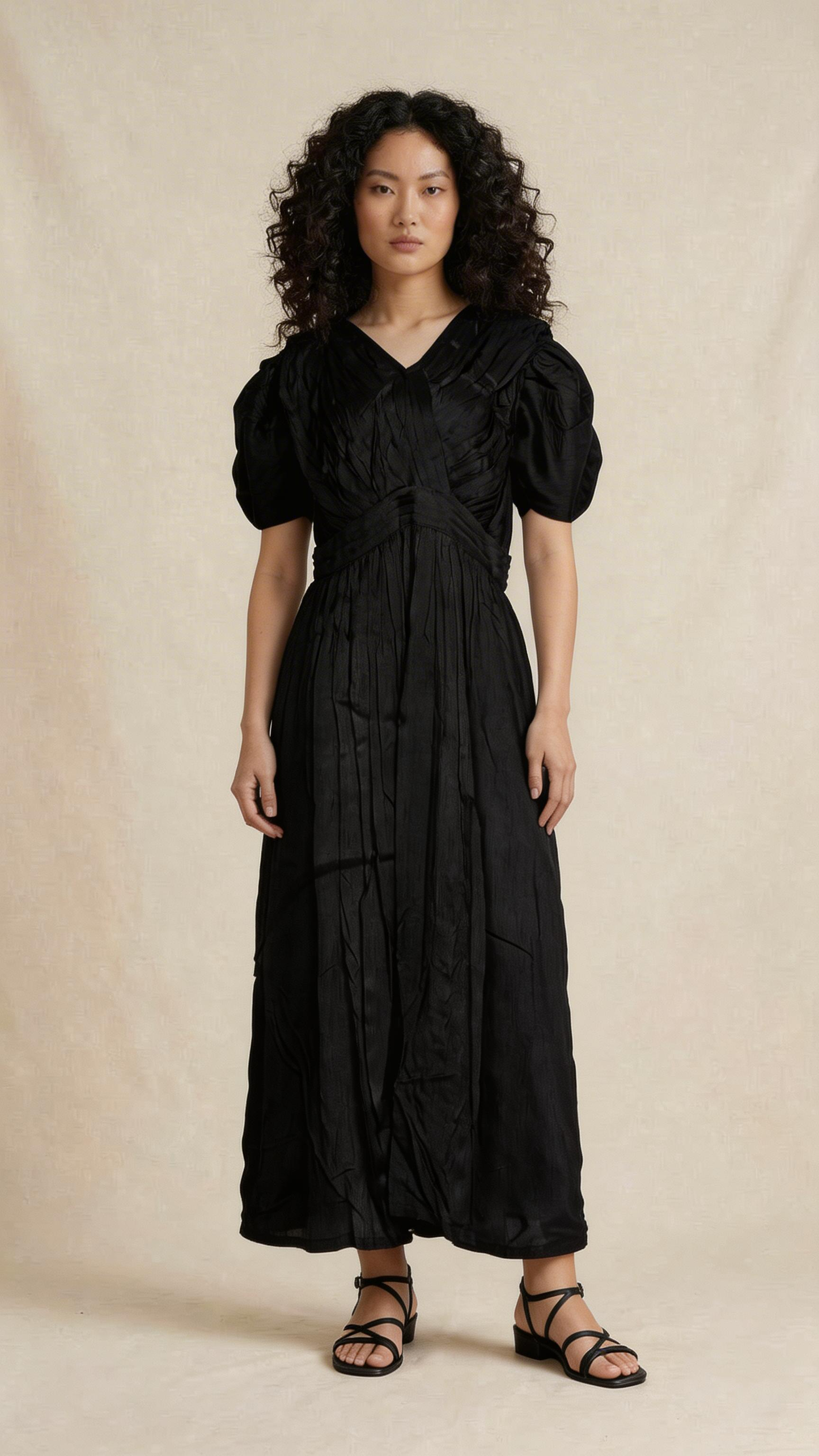 Black Ruched Puff Sleeve Midi Dress