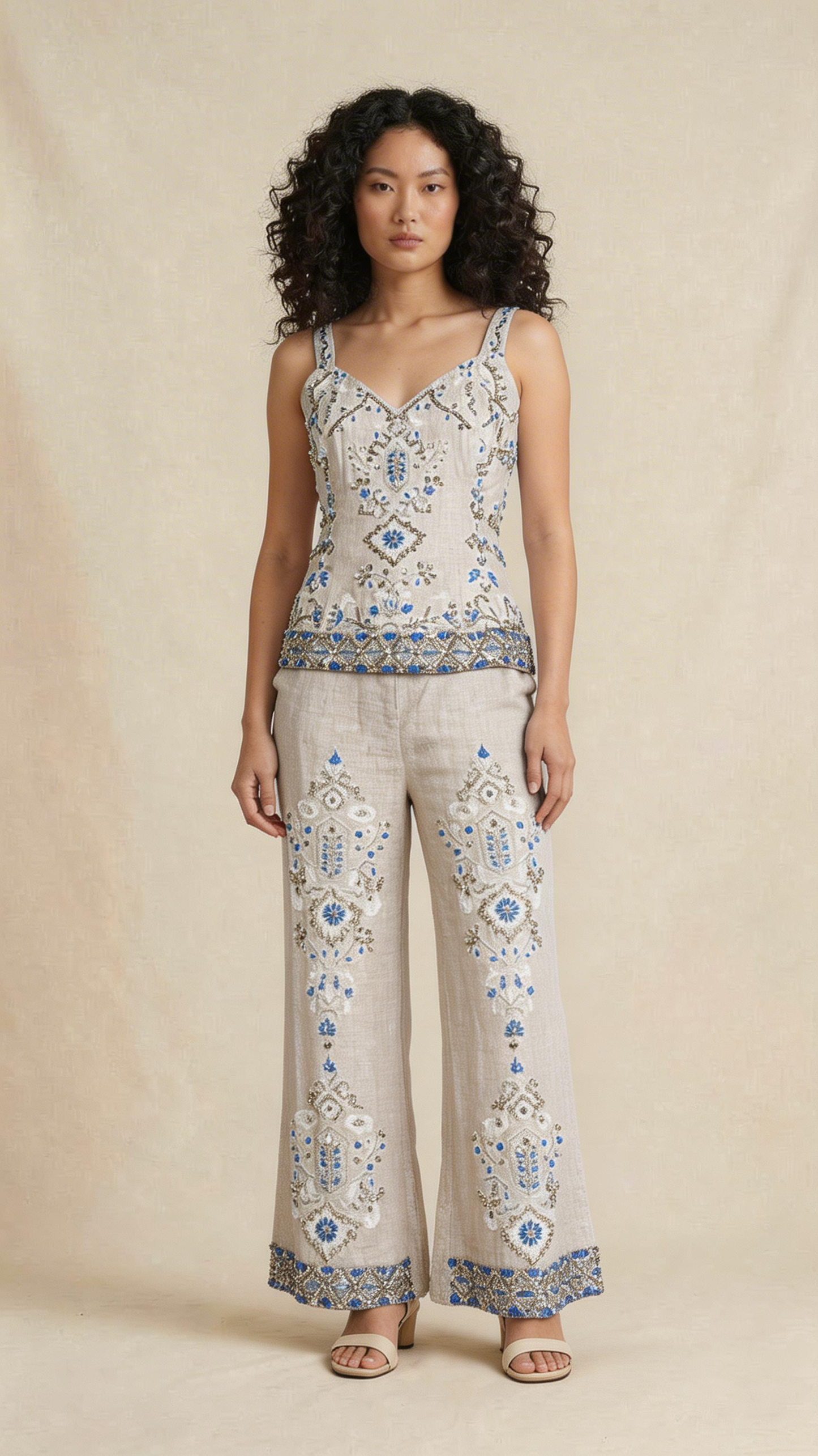 Beige Ornamental Embellished Co-ord Set