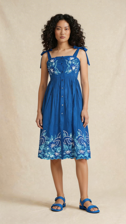 Blue Floral Embroidered Tie-Strap Dress