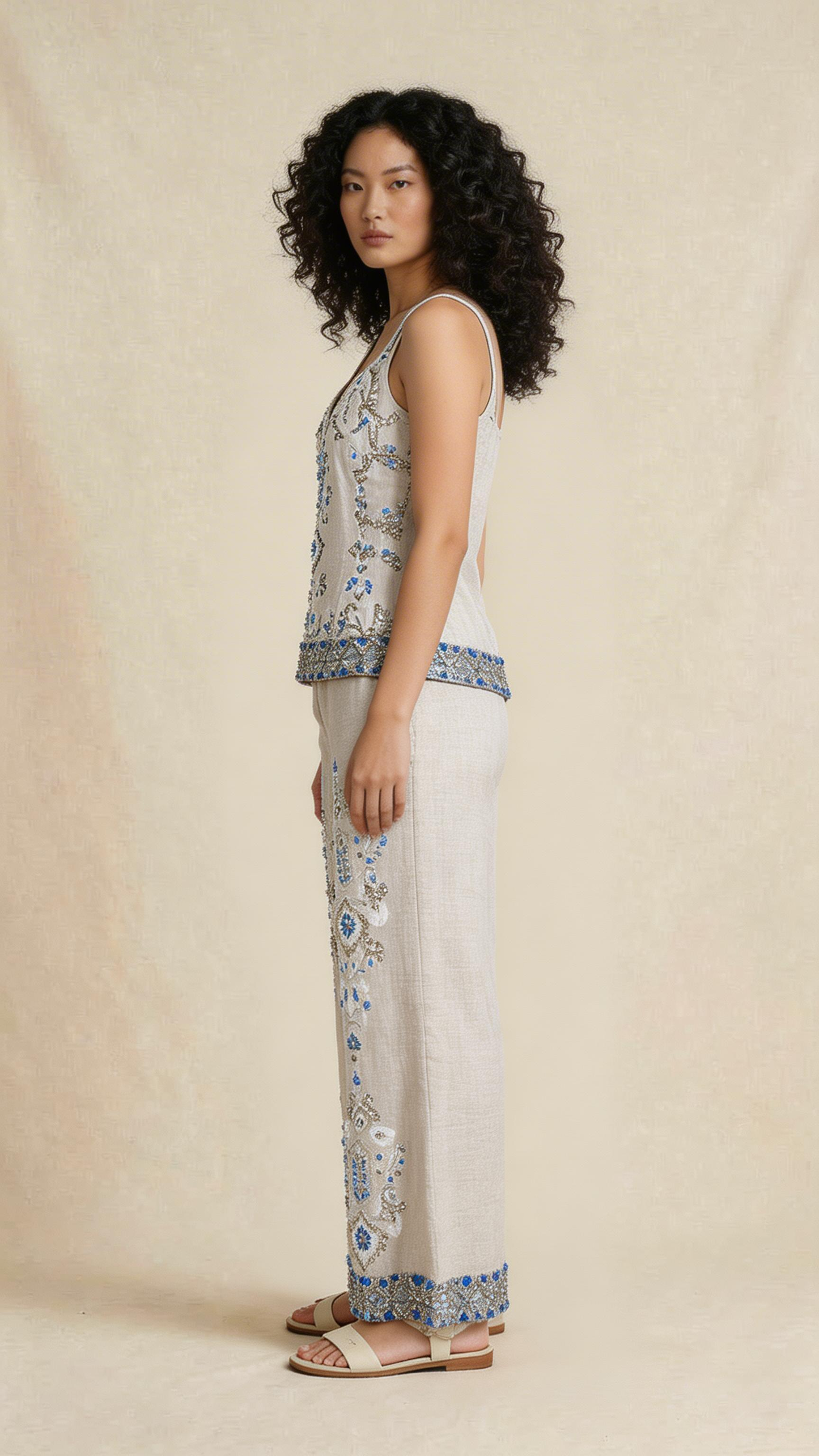Beige Ornamental Embellished Co-ord Set