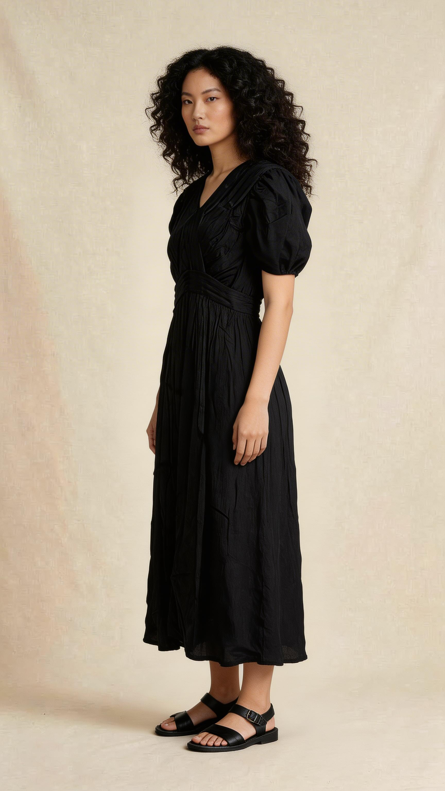 Black Ruched Puff Sleeve Midi Dress