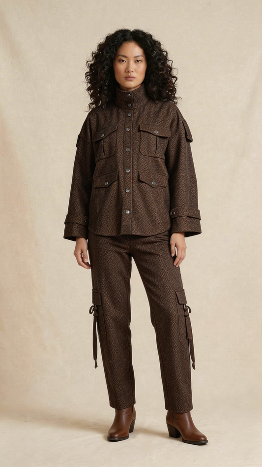 Textured Brown Utility Jacket & Cargo Trouser Set