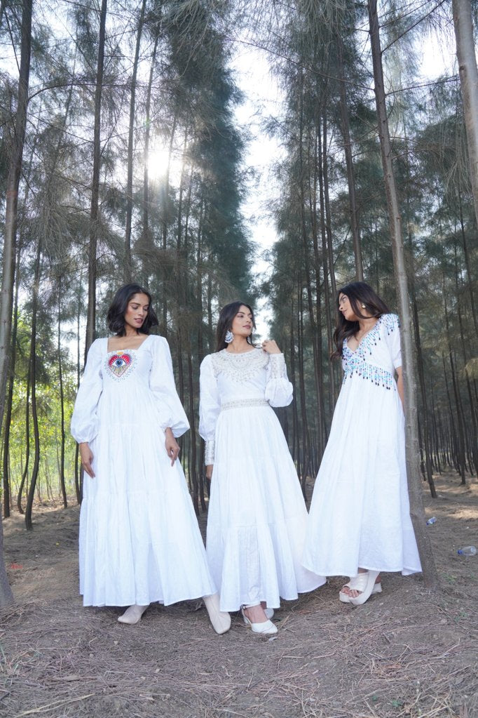 White Line Embellished Dress with Vibrant Beading