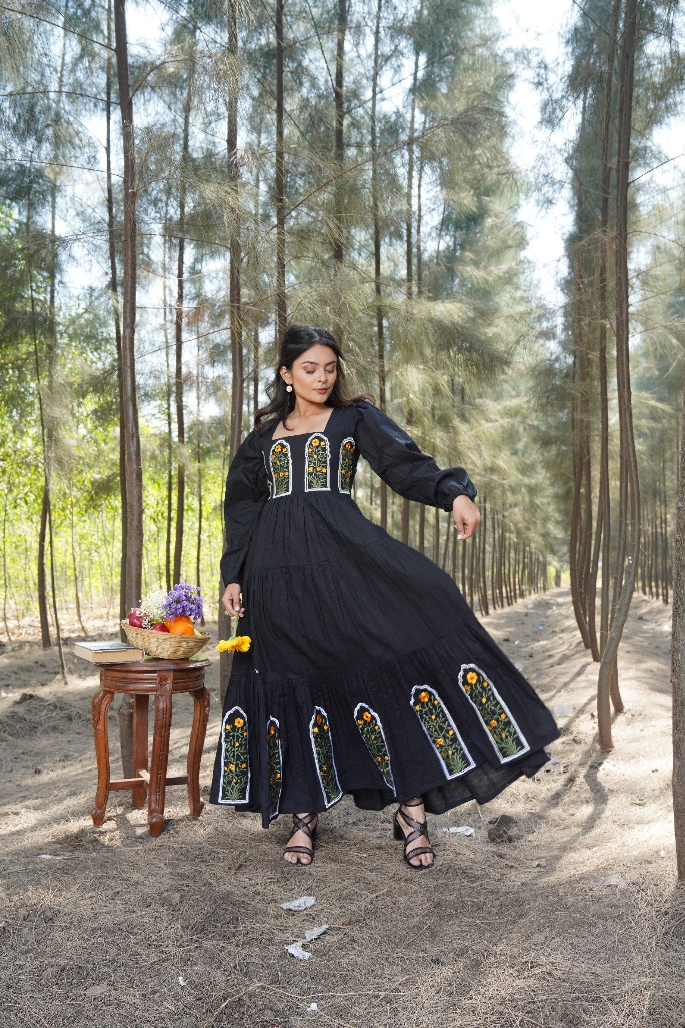 Floral Embroidered Cotton-Linen Dress with Puffed Sleeves